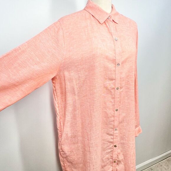 Tahari Linen Blend Coral Button Up Cover Up Shirt Dress Large - Picture 3 of 10